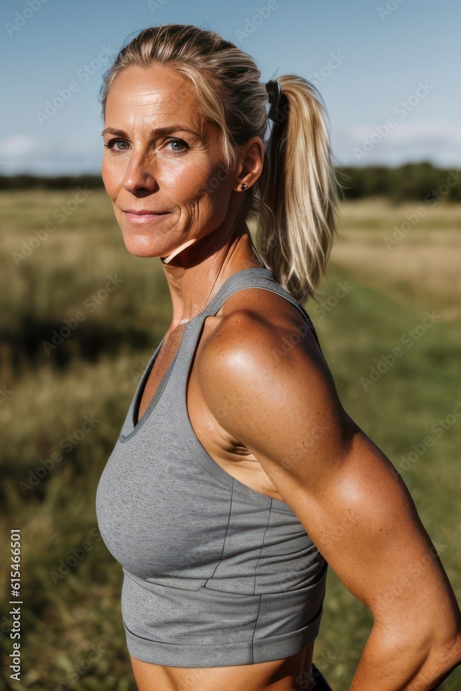 Portrait of old woman with a muscular body in sportswear in park. Generative AI Portrait of old woman with a muscular body in sportswear in park. Generative AI