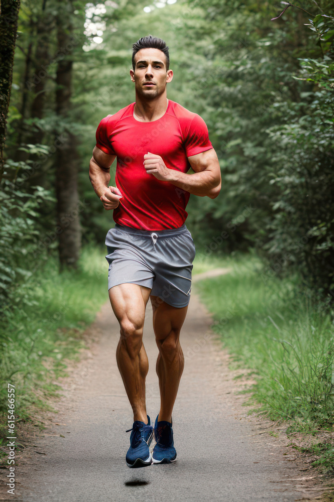 Handsome man with a muscular body in sportswear running in park. Generative AI Handsome man with a muscular body in sportswear running in park. Generative AI