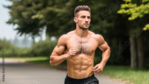 Handsome young man with a naked muscular body running in park. Generative AI