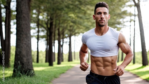 Handsome man with a muscular body in sportswear running in park. Generative AI