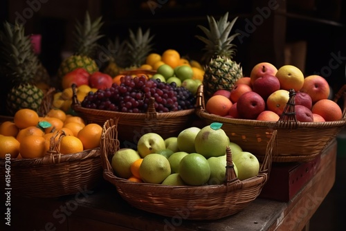 Market Bounty  Fruits in Basket with Fresh Fruits on Shelf  fruits  basket  market  fresh  produce  fruit basket  fruits on shelf  market display  fruit market 