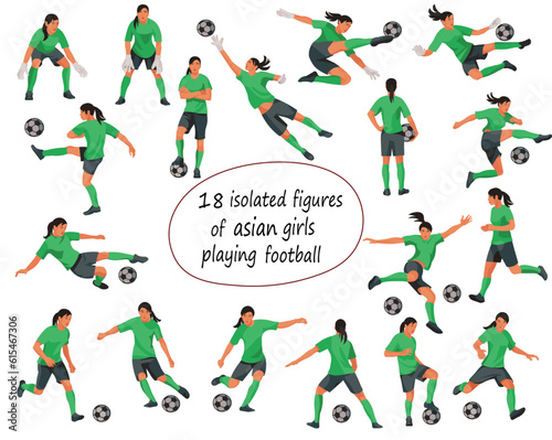 Vector isolated figures of asian women s football girl players and goalkeepers in green equipment in various poses and motion