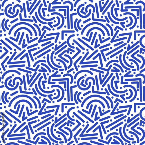 Blue line doodle seamless pattern, creative minimalist style abstract background with basic shapes