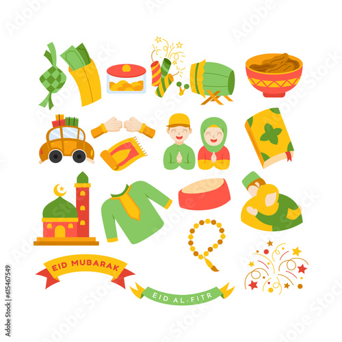 Eid Mubarak Cartoon Illustration. Eid Al Fitr Clipart Illustration For Card, Invitation, Ramadan, And Eid Poster Decoration. Islamic Element.