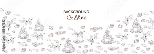 background with symbols of coffee beans, leaves and a sprig of coffee, a cup of hot coffee.