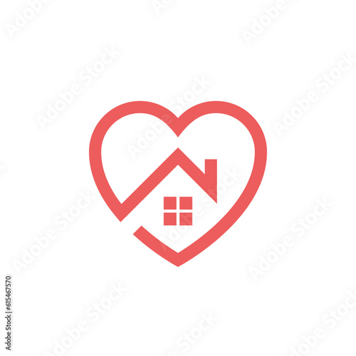 Love home logo - house with window and chimney and heart symbol