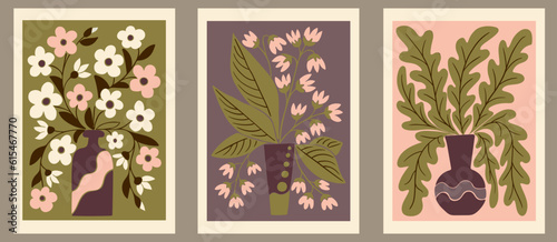 Abstract floral retro groovy graphic posters. Set of botanical flat vector composition. Suitable for posters,interior decoration, t shirt print, social media graphics, wall art, printout