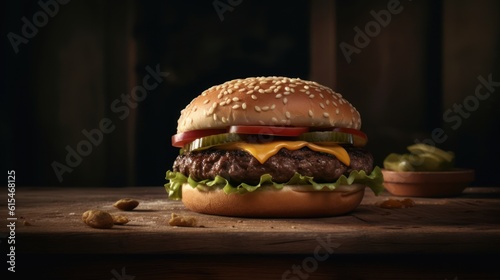 hamburger on a wooden table, dark background ,Generative AI
