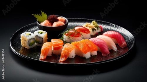 Sushi Set - Different Types of Sushi on Black Background ,Generative AI