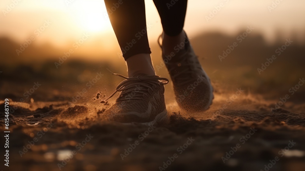 Fototapeta premium Runner athlete running on forest trail. woman fitness jogging workout wellness concept ,Generative AI
