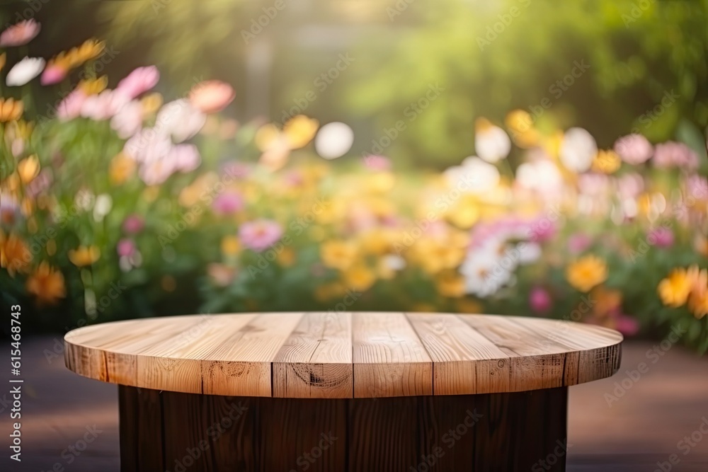 Fototapeta premium Wooden Board Table Top with Empty Space and Blurred Flower Garden Background. Product Display Mockup