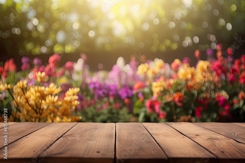 Wooden Board Table Top with Empty Space and Blurred Flower Garden Background. Product Display Mockup © Thares2020