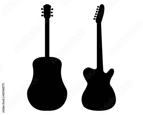 Acoustic Guitar and Electric Guitar. Wooden instrument, resonant sound, strings vibrating, rhythmic chords, acoustic music. Vector line icon for Business and Advertising