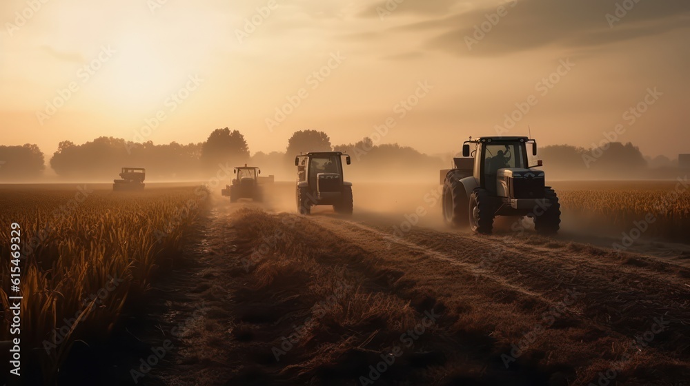 Fototapeta premium Tractors working on a wheat field at sunrise. Tractor in the field ,Generative AI