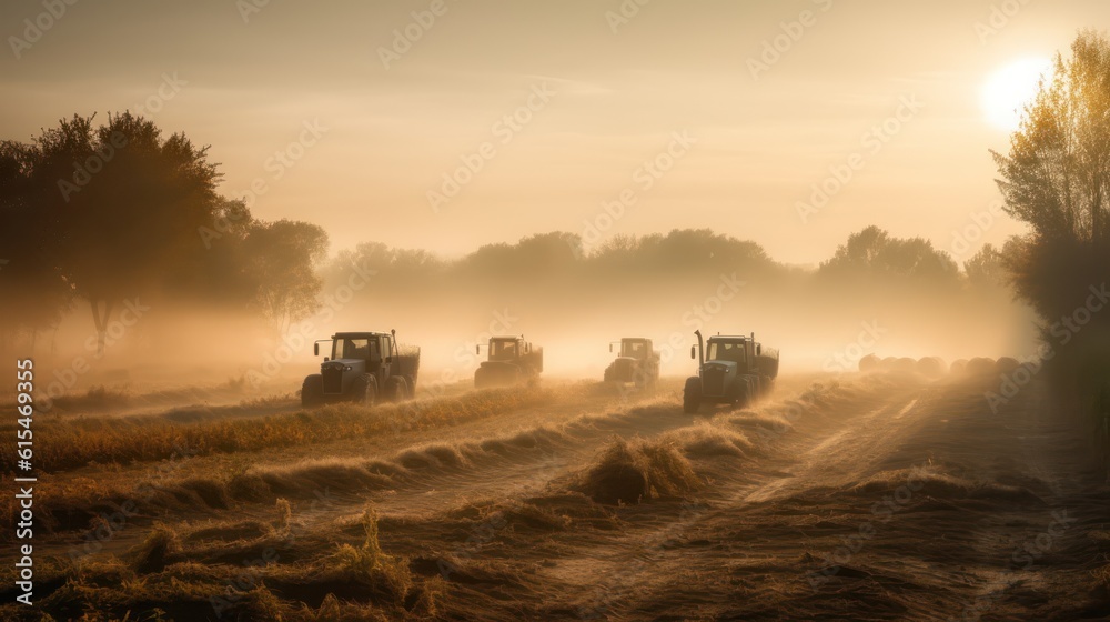 Fototapeta premium Tractors working on a wheat field at sunrise. Tractor in the field ,Generative AI