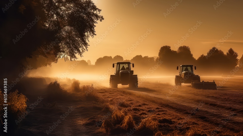 Tractors working on a wheat field at sunrise. Tractor in the field ,Generative AI Tractors working on a wheat field at sunrise. Tractor in the field ,Generative AI