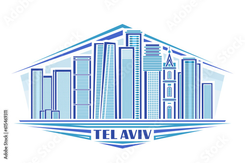 Vector illustration of Tel Aviv, decorative horizontal badge with linear design famous israel city scape on day sky background, urban line art concept with unique brush lettering for text tel aviv photo