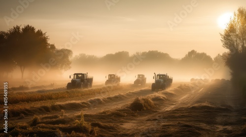 Tractors working on a wheat field at sunrise. Tractor in the field ,Generative AI
