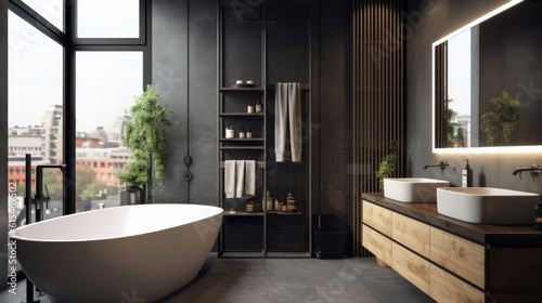 Bathroom in a modern and minimalist high-end style. Generative AI © piai