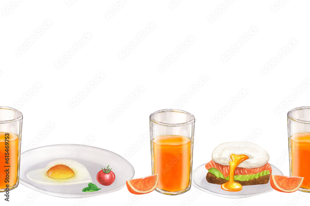 Banner seamless border breakfast food, morning meals eggs, juice, orange, tomato. Hand drawn watercolor illustration isolated on white background. Design element for restaurant menu, recipes Banner seamless border breakfast food, morning meals eggs, juice, orange, tomato. Hand drawn watercolor illustration isolated on white background. Design element for restaurant menu, recipes
