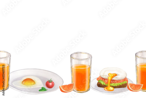 Banner seamless border breakfast food, morning meals eggs, juice, orange, tomato. Hand drawn watercolor illustration isolated on white background. Design element for restaurant menu, recipes