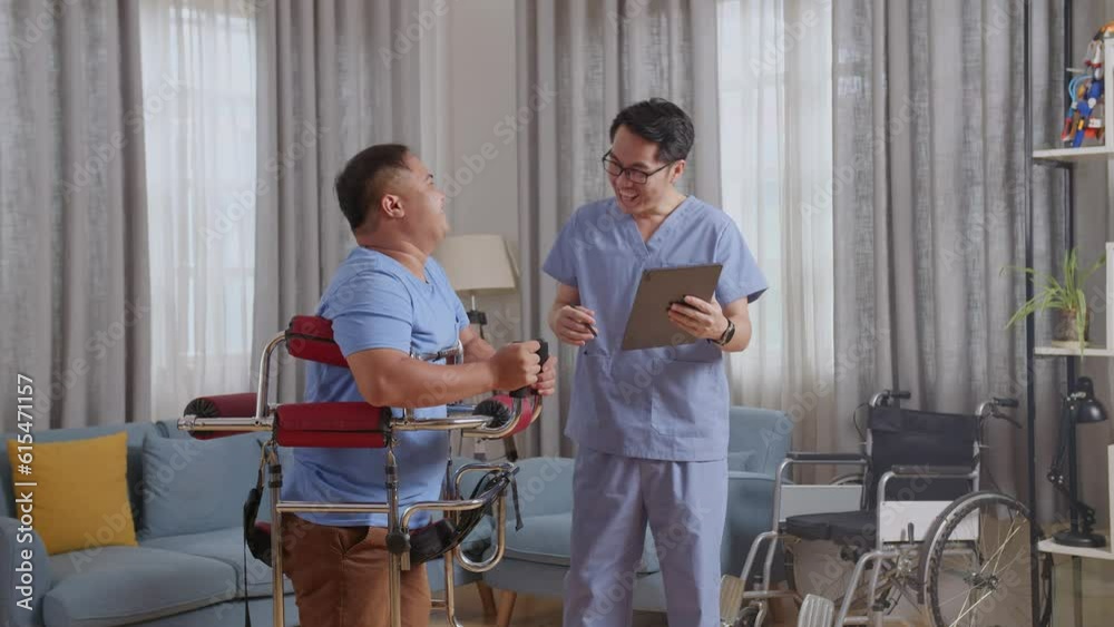 Side View Of Asian Male Nurse Making Beckon Hand Gesture Then Consoling A Patient Crying Cannot Use Walker To Walk By Himself During A Physical Therapy At Home
Side View Of Asian Male Nurse Making Beckon Hand Gesture Then Consoling A Patient Crying Cannot Use Walker To Walk By Himself During A Physical Therapy At Home