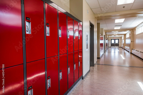 hallway and lockers in a recently renovated and upgraded rural high school; Namao, Alberta, Canada photo