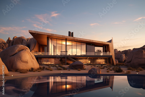 A Majestic and stunning modern house with a swimming pool  created with AI