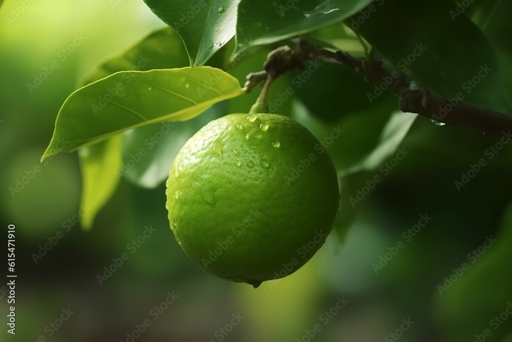 Zesty Delight: Green Organic Lime Citrus Fruit Hanging on Tree, 
green lime, organic, citrus fruit, hanging on tree, fresh, farm, agriculture, natural, healthy, zesty,