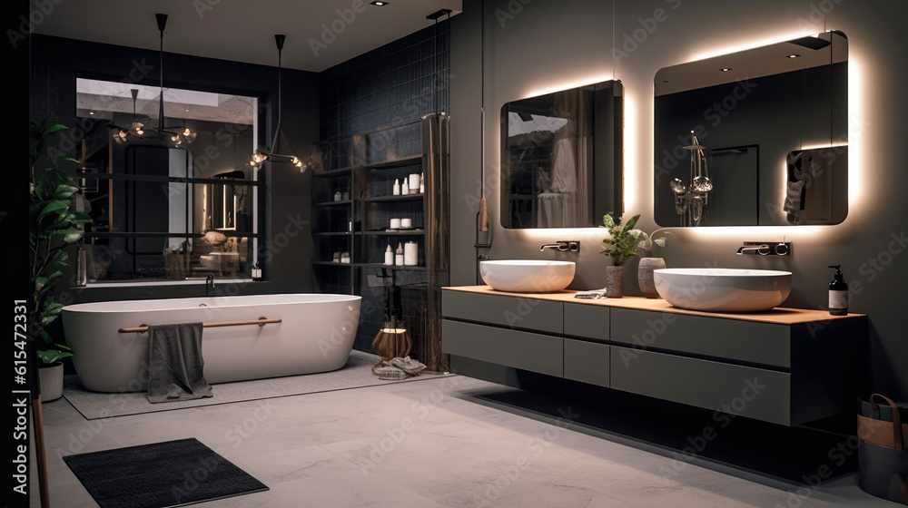 Bathroom in a modern and minimalist high-end style. Generative AI Bathroom in a modern and minimalist high-end style. Generative AI
