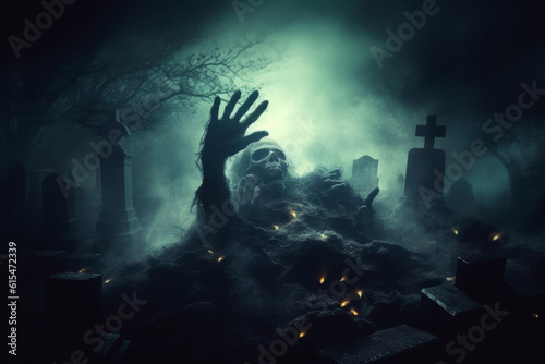 Silhouette of a zombie skeleton hand reaching from a spooky cemetery grave