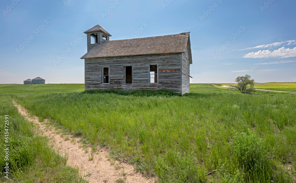 Panorama of the abandoned Cottonwood Lutheran Church on the prairie at Havre, Montana 