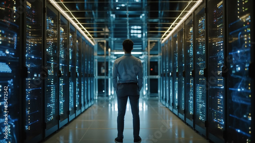 IT Engineer in big database server center office, High Speed Data Transfer, Server Transfer, Technology Science Breakethrough, Progress, Innovation Concept, AI generative