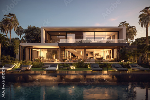 A Majestic and stunning modern house with a swimming pool, created with AI © SardarMuhammad
