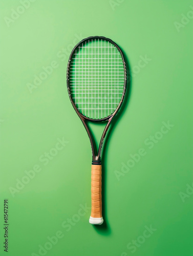 Tennis racket on a green background. Flat lay, top view.AI Generated © Kateryna