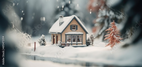 tilt-shift effect photography of a tiny house in winter with snow in the background and winter environment. soft white and cold light. ai generative