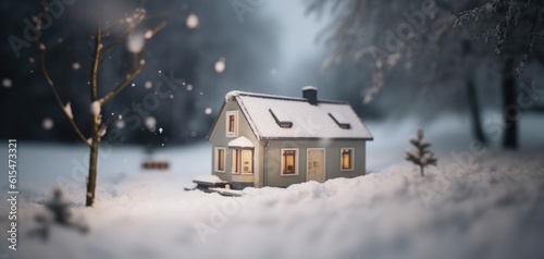 tilt-shift effect photography of a tiny house in winter with snow in the background and winter environment. soft white and cold light. ai generative © Koroso