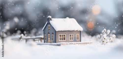 tilt-shift effect photography of a tiny house in winter with snow in the background and winter environment. soft white and cold light. ai generative