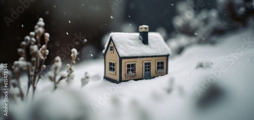 tilt-shift effect photography of a tiny house in winter with snow in the background and winter environment. soft white and cold light. ai generative © Koroso