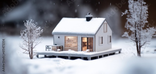 tilt-shift effect photography of a tiny house in winter with snow in the background and winter environment. soft white and cold light. ai generative