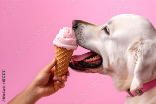 A close-up on a white short-hair labrador dog licking on the ice cream in a waffle cone on a seamless pink background. Generative AI technology