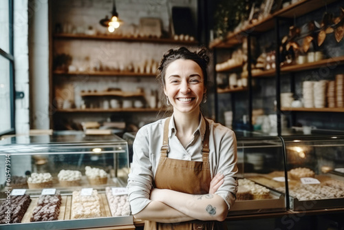Happy small pastry shop owner, smiling proudly at her store Fototapet