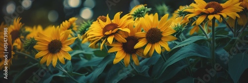 Yellow sunflower like heliopsis flowers on dark green background