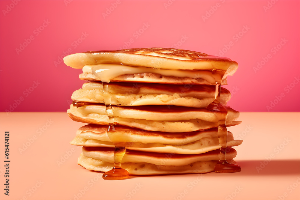 A stack of fluffy american pancakes with butter, honey or maple syrup dripping from the top, on bright pink background. Generative IA technology