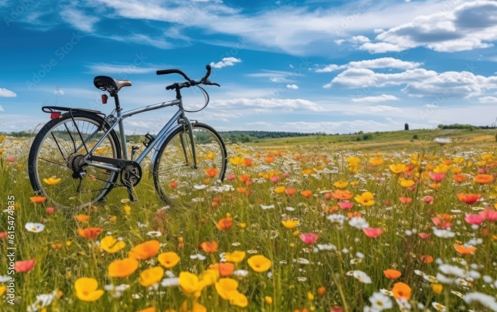 Naklejka premium spring summer natural landscape with a bicycle on a flowering meadow against