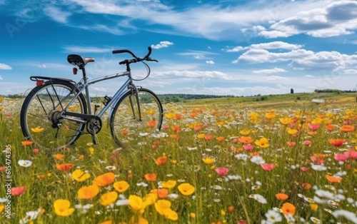 spring summer natural landscape with a bicycle on a flowering meadow against