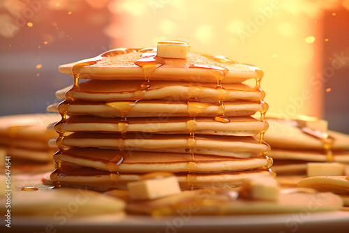 A stack of fluffy american pancakes with butter, honey or maple syrup dripping from the top, back light, rustic style. Generative IA technology