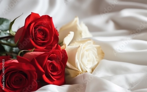 Red and white roses on white sheets with copy space. Closeup of beautiful flowers