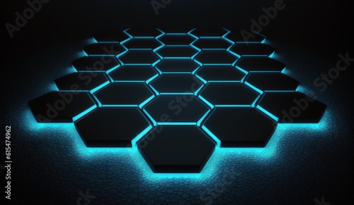 Minimalistic vantablack background, triangular neon light, vantablack hexagonal tiled floor
