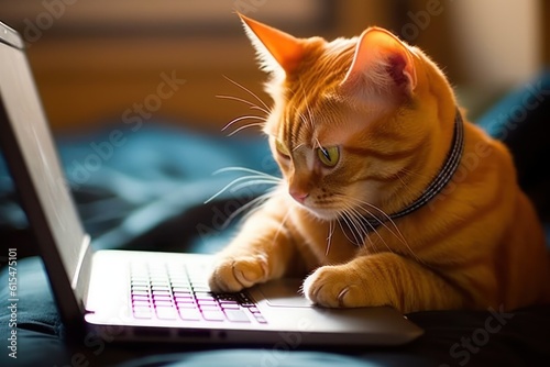 looking orange cat wearing glasses works on his laptop photo